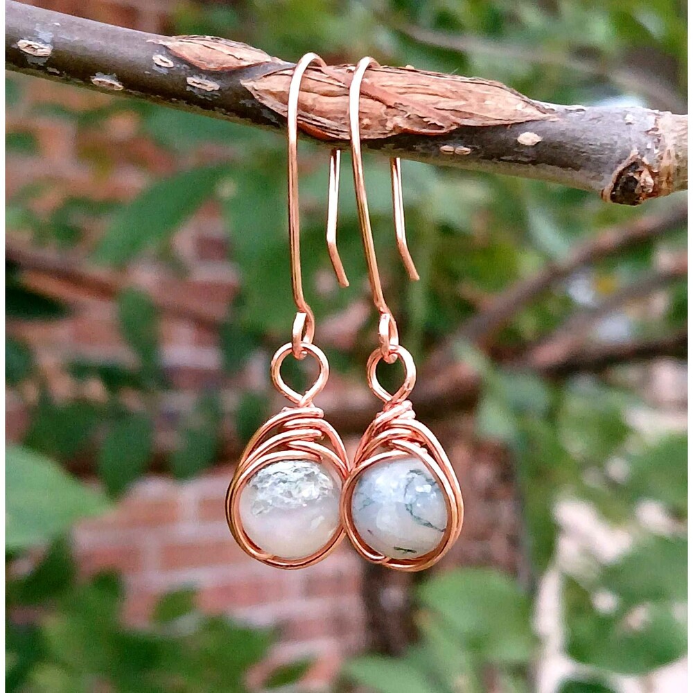 Moss Agate Crystal Beaded Dangle Earrings, Wire Wrapped, Copper Gemstone Artisan